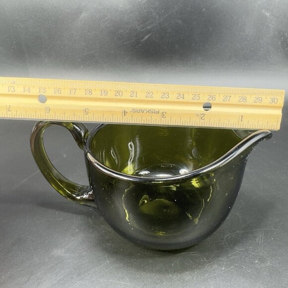 Hand Blown Dark Green Art Glass Pitcher Jug With Handle Hand Made Glassware VTG - Picture 4 of 13